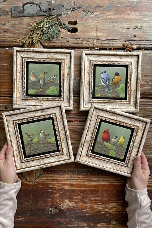 Framed Stone Painting Wall Decoration 8" x 8" Set of 4 Birds