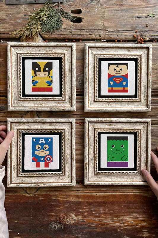 Framed Stone Painting Wall Decoration 8" x 8" Set of 4 Superhero Hero Set