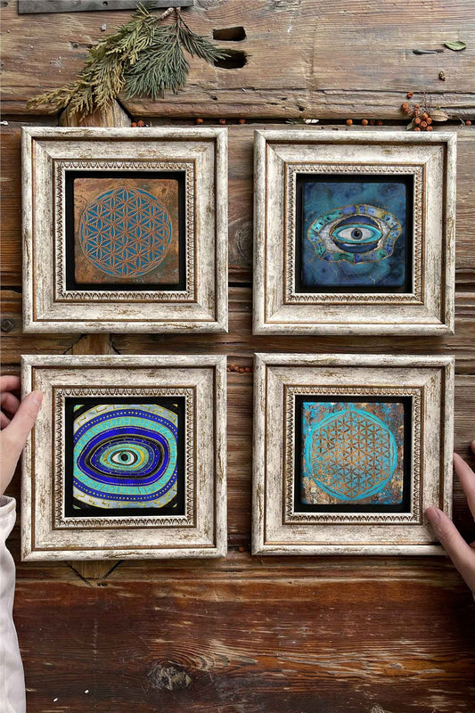 Framed Stone Painting Wall Decoration 8" x 8" Set of 4 Flower of Life Evil Eye