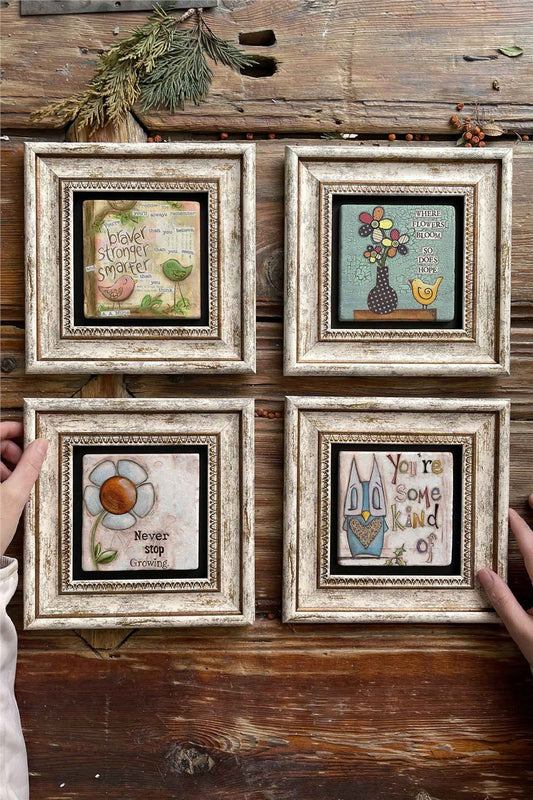 Framed Stone Painting Wall Decoration 8" x 8" Set of 4