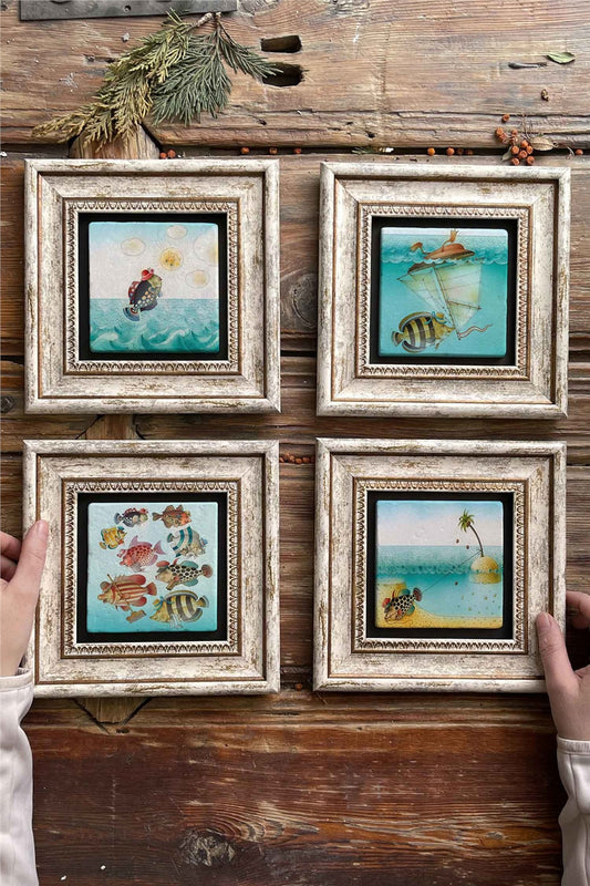Framed Stone Painting Wall Decoration 8" x 8" Set of 4