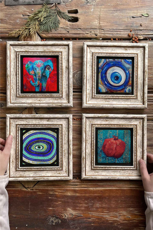 Framed Stone Painting 8" x 8" Set of 4(1488-1481-1100-480)Elephant Evil Eye Pomegranate