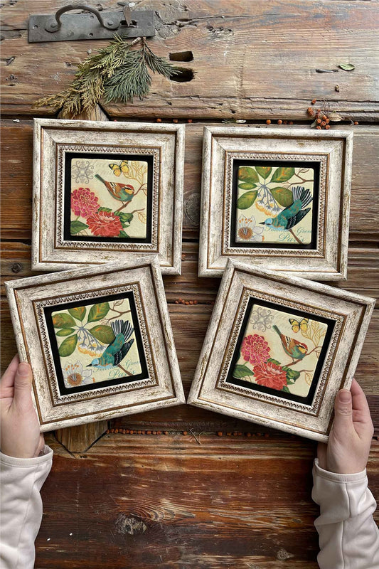 Framed Stone Painting Wall Decoration 8" x 8" Set of 4 Bird Set