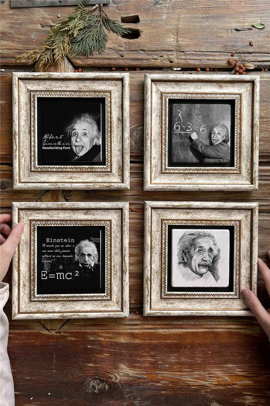 Framed Stone Painting Wall Decoration 8" x 8" Set of 4 Albert Einstein Set
