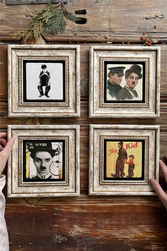 Framed Stone Painting Wall Decoration 8" x 8" Set of 4 Charlie Chaplin Set