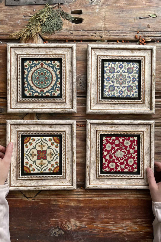 Framed Stone Painting Wall Decoration 8" x 8" Set of 4