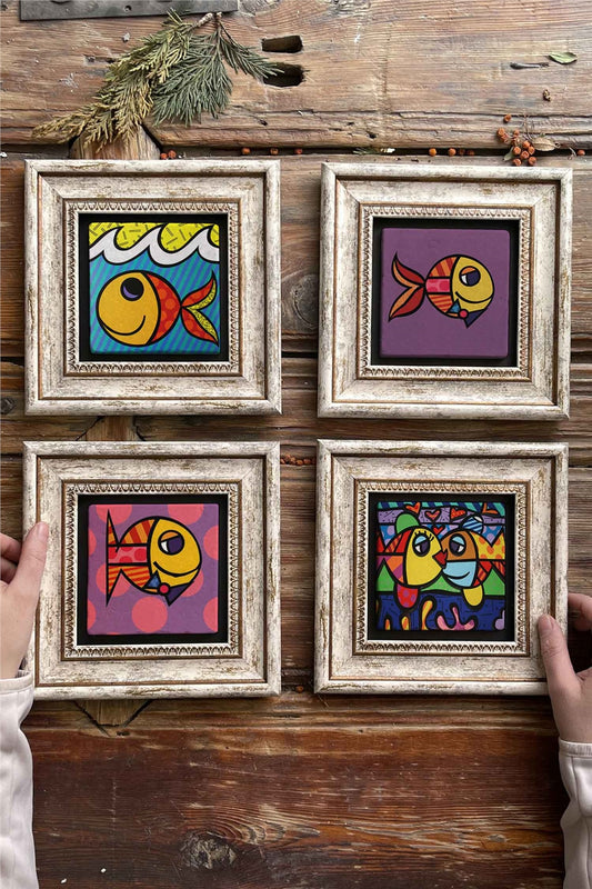 Framed Stone Painting Wall Decoration 8" x 8" Set of 4