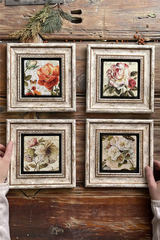 Framed Stone Painting Wall Decoration 8" x 8" Set of 4