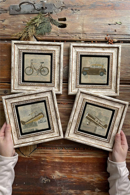 Framed Stone Painting Wall Decoration 8" x 8" Set of 4 Airplane Bicycle Car Set
