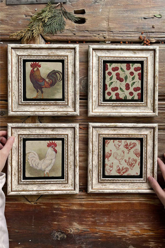 Framed Stone Painting Wall Decoration 8" x 8" Set of 4 Rooster Set