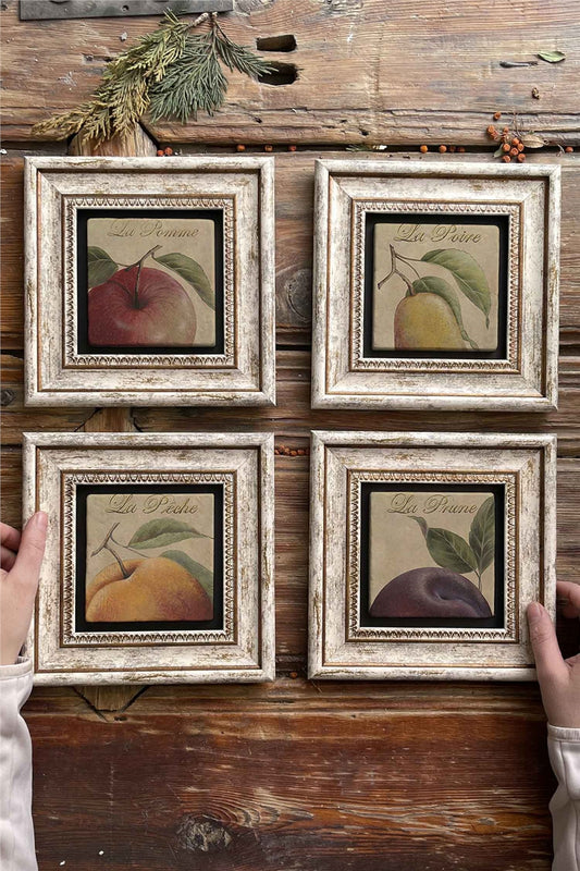 Framed Stone Painting Wall Decoration 8" x 8" Set of 4 Fruit Painting