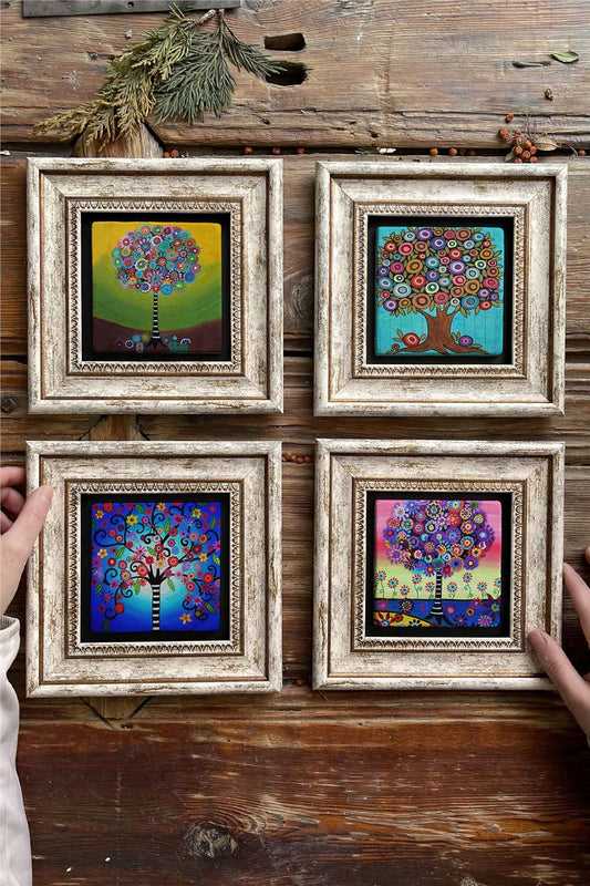 Framed Stone Painting Wall Decoration 8" x 8" Set of 4