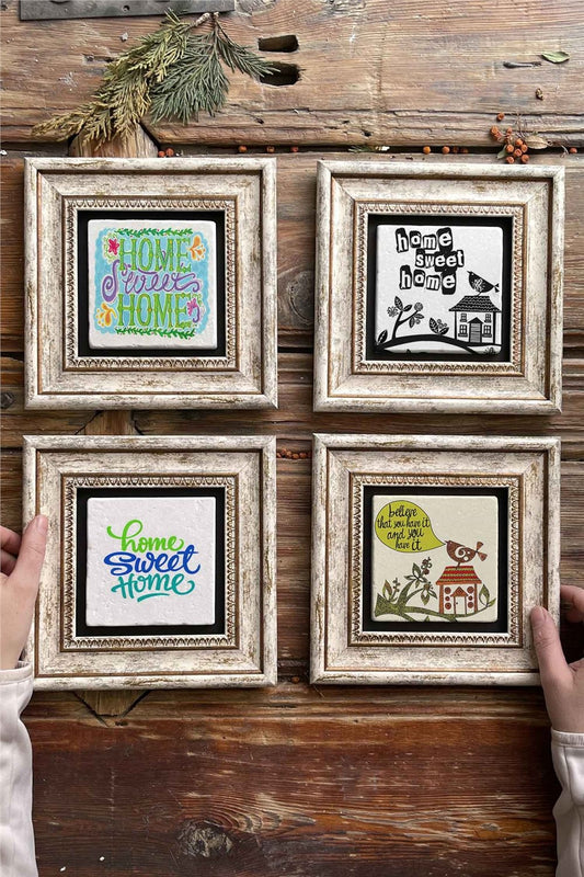 Framed Stone Painting Wall Decoration 8" x 8" Set of 4 Home Sweet Home
