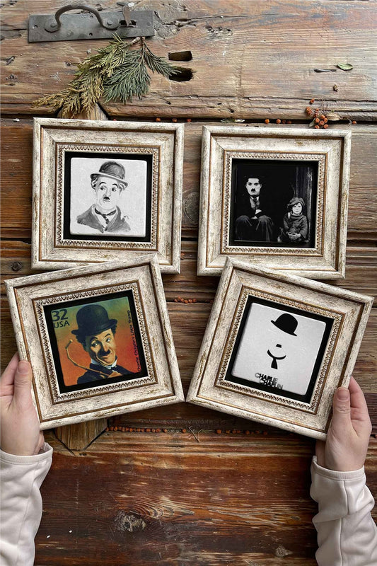 Framed Stone Painting Wall Decoration 8" x 8" Set of 4 Charlie Chaplin Set