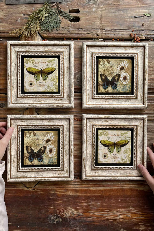 Framed Stone Painting Wall Decoration 8" x 8" Set of 4 Butterfly Butterfly Set