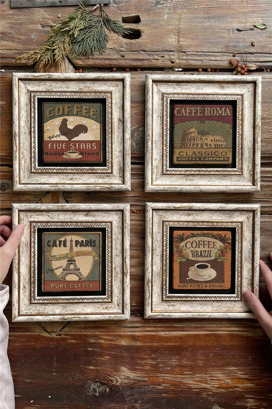 Framed Stone Painting Wall Decoration 8" x 8" Set of 4 Coffee Set Coffee Corner