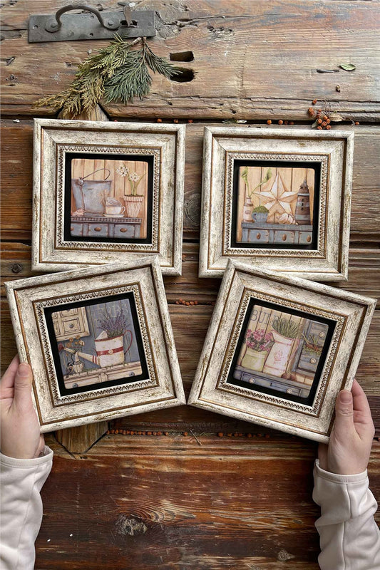 Framed Stone Painting Wall Decoration 8" x 8" Set of 4