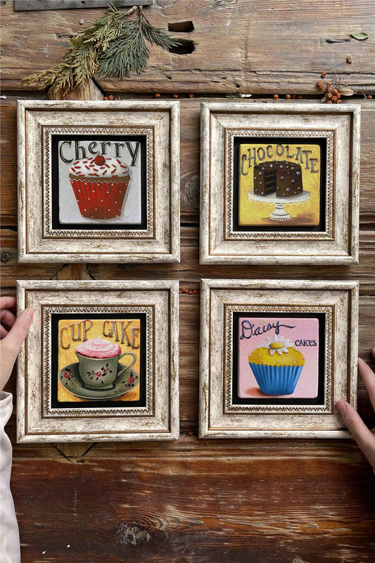 Framed Stone Painting Wall Decoration 8" x 8" Set of 4 Cup Cake Cake Set