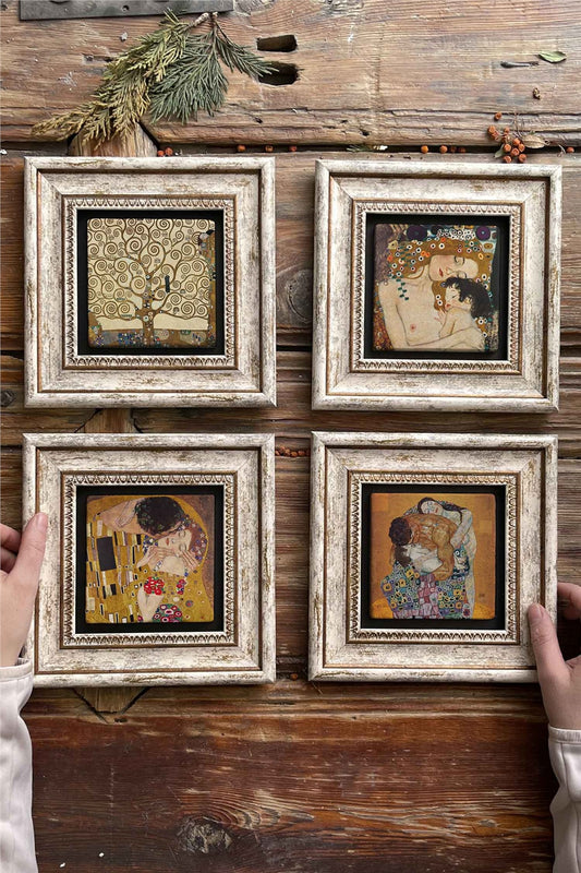 Framed Stone Painting Wall Decoration 8" x 8" Set of 4 Gustav Klimt Paintings