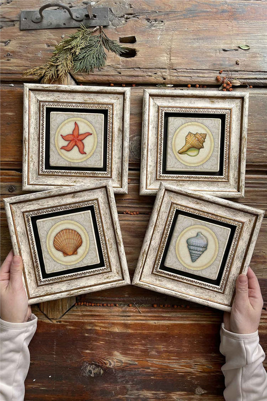 Framed Stone Painting Wall Decoration 8" x 8" Set of 4 Starfish Shell Set