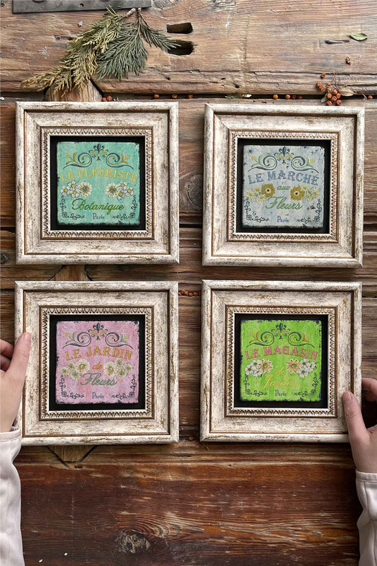 Framed Stone Painting Wall Decoration 8" x 8" Set of 4