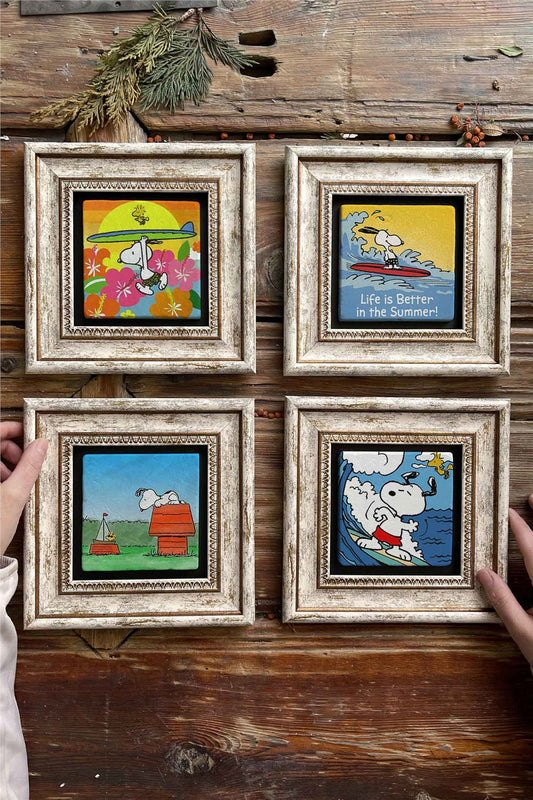 Framed Stone Painting Wall Decoration 8" x 8" Set of 4 Snoopy Set