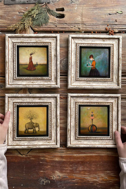 Framed Stone Painting Wall Decoration 8" x 8" Set of 4