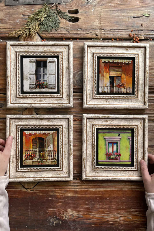 Framed Stone Painting Wall Decoration 8" x 8" Set of 4