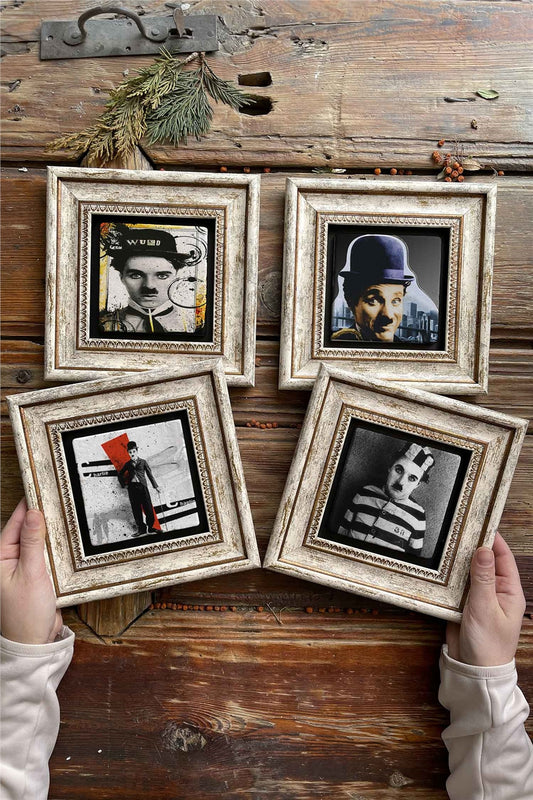 Framed Stone Painting Wall Decoration 8" x 8" Set of 4 Charlie Chaplin Set
