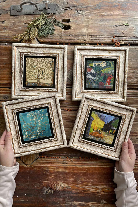 Framed Stone Painting Wall Decoration 8" x 8" Set of 4 Gustav Klimt Van Gogh Paintings