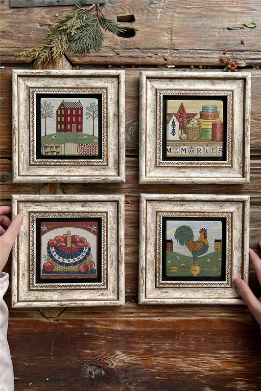 Framed Stone Painting Wall Decoration 8" x 8" Set of 4 Vintage Kitchen