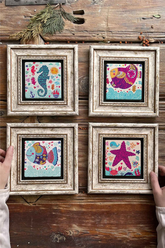 Framed Stone Painting Wall Decoration 8" x 8" Set of 4 Marine Set