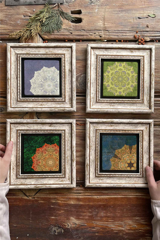 Framed Stone Painting Wall Decoration 8" x 8" Set of 4 Embroidery Pattern Paintings