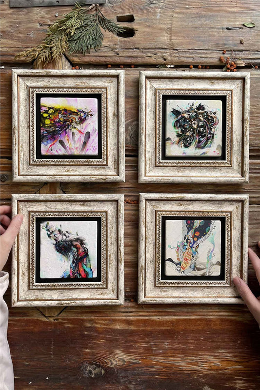 Framed Stone Painting Wall Decoration 8" x 8" Set of 4
