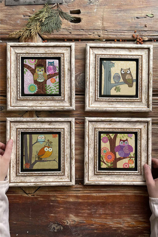 Framed Stone Painting Wall Decoration 8" x 8" Set of 4 Owl Set