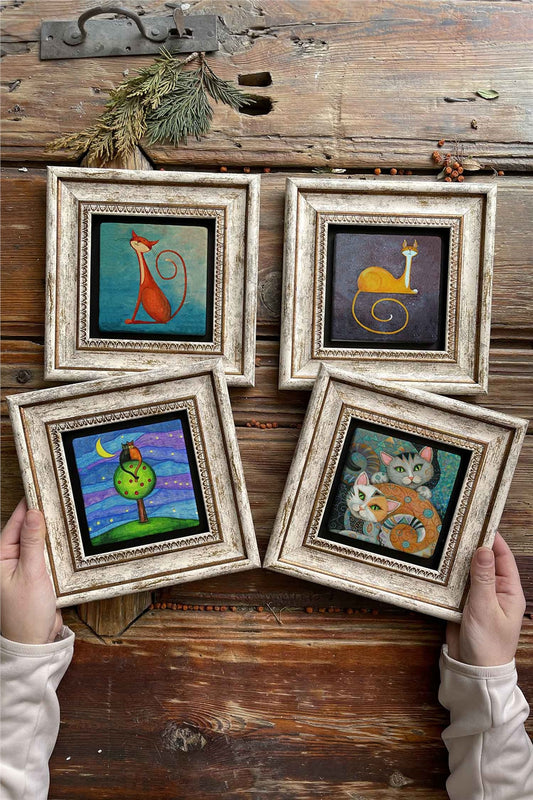 Framed Stone Painting Wall Decoration 8" x 8" Set of 4 Cat Set