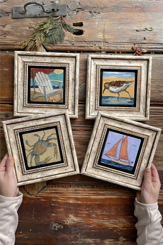 Framed Stone Painting Wall Decoration 8" x 8" Set of 4