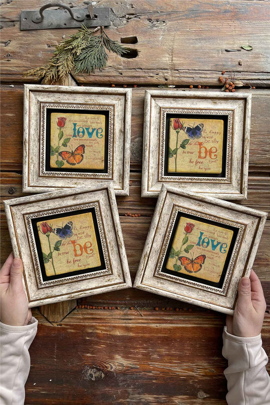 Framed Stone Painting Wall Decoration 8" x 8" Set of 4 Love be Set