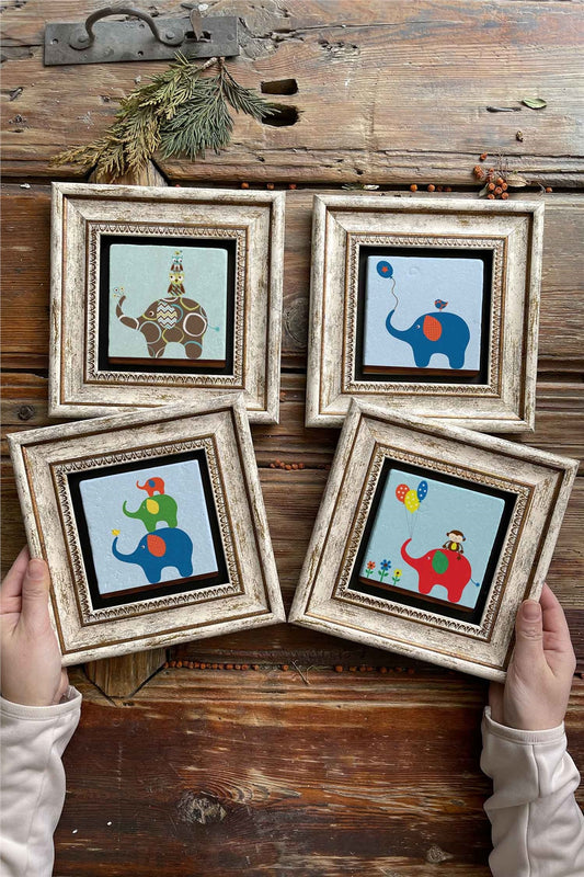 Framed Stone Painting Wall Decoration 8" x 8" Set of 4 Elephant Drawings