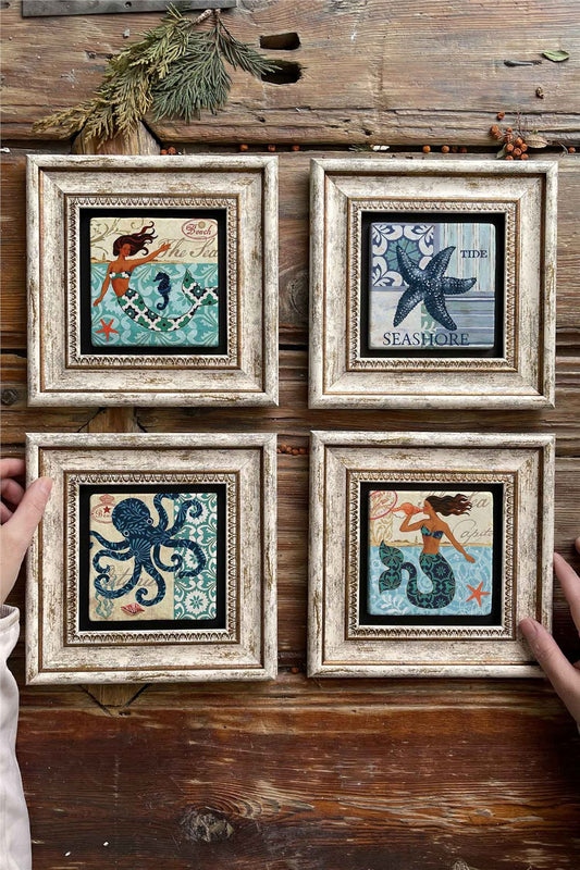 Framed Stone Painting Wall Decoration 8" x 8" Set of 4 Seashore Set