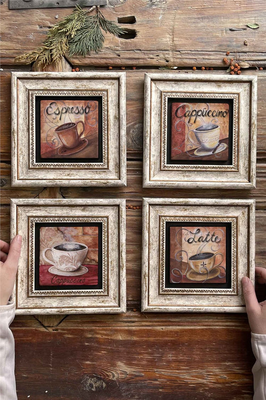 Framed Stone Painting Wall Decoration 8" x 8" Set of 4 Espresso Latte Cappucino Set