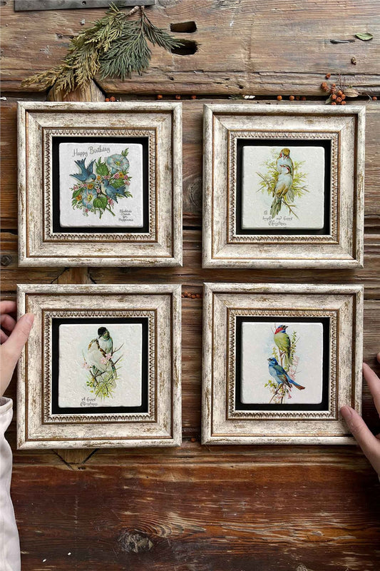 Framed Stone Painting Wall Decoration 8" x 8" Set of 4 Owl Set