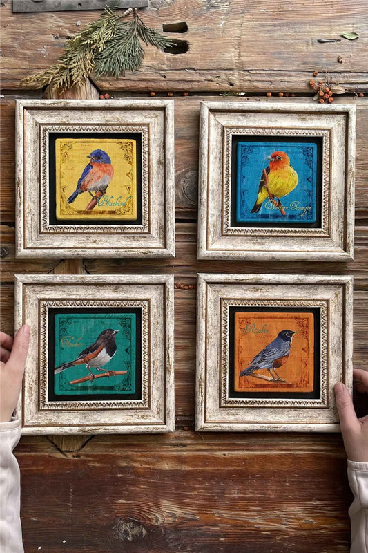 Framed Stone Painting Wall Decoration 8" x 8" Set of 4 Colorful Bird Set
