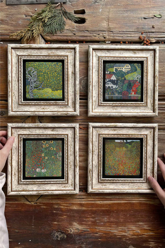 Framed Stone Painting Wall Decoration 8" x 8" Set of 4 Gustav Klimt Paintings