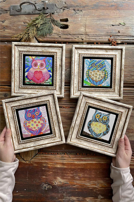 Framed Stone Painting Wall Decoration 8" x 8" Set of 4