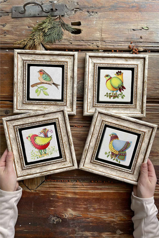 Framed Stone Painting Wall Decoration 8" x 8" Set of 4