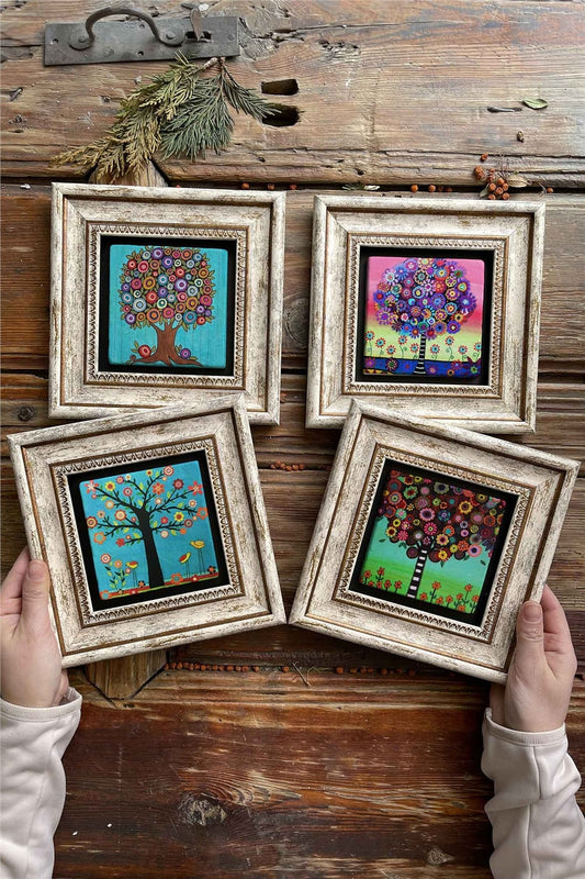 Framed Stone Painting Wall Decoration 8" x 8" Set of 4 Tree of Life Set