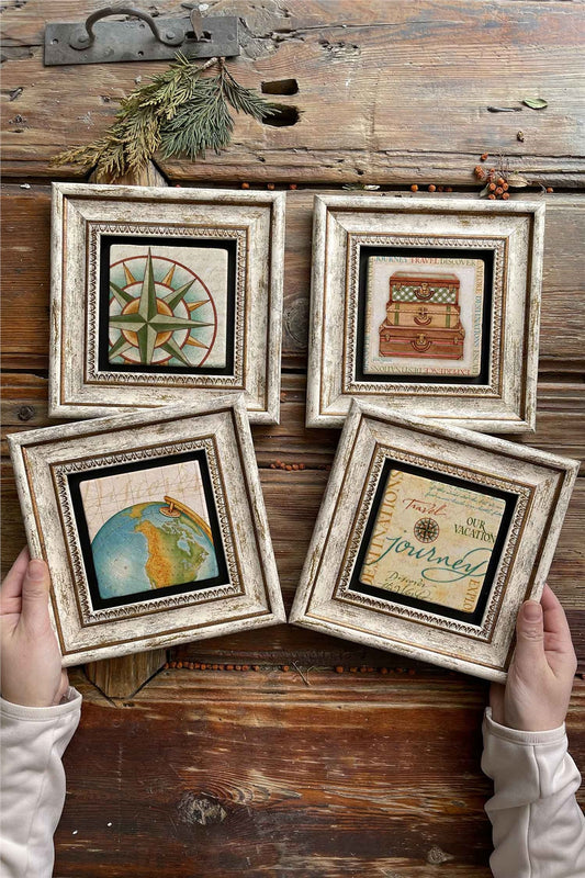 Framed Stone Painting Wall Decoration 8" x 8" Set of 4 Traveler Set Traveler Paintings