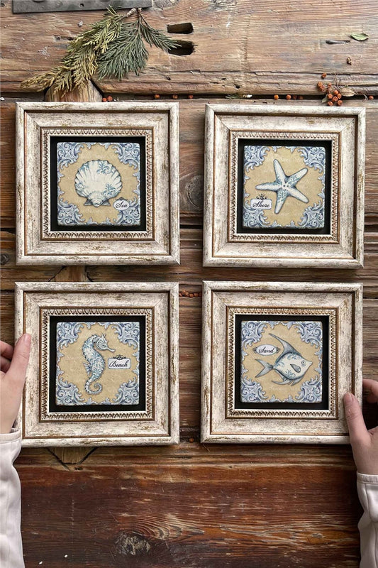 Framed Stone Painting Wall Decoration 8" x 8" Set of 4