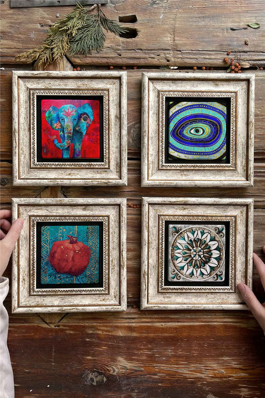 Framed Stone Painting 8" x 8" Set of 4(1488-1100-480-223)Elephant Evil Eye Pomegranate Pattern